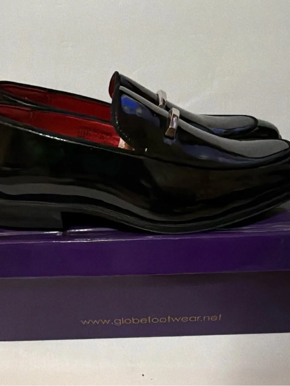 Black Patent Slip-On Loafers with silver metal accent.  Men’s size 12
